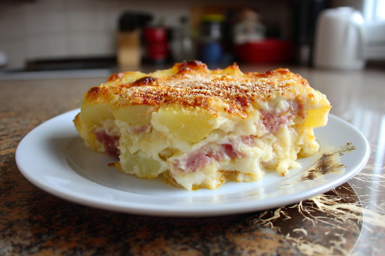 Gratin di patate con prosciutto e mozzarella