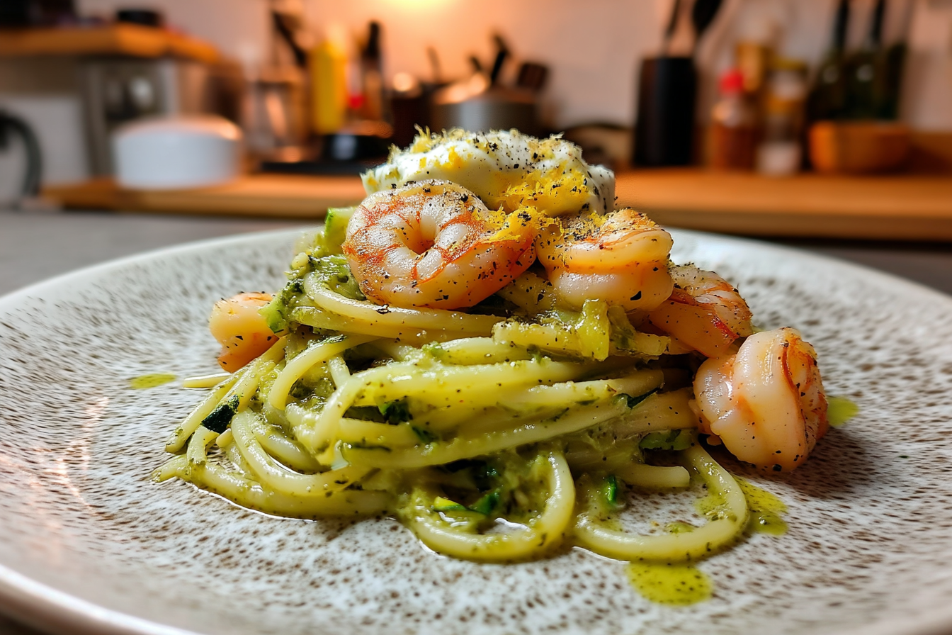 Spaghetti con zucchine e gamberi