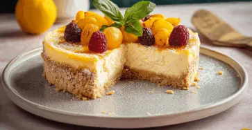 Cheesecake Ricotta, Pesche e Farina di Mandorle