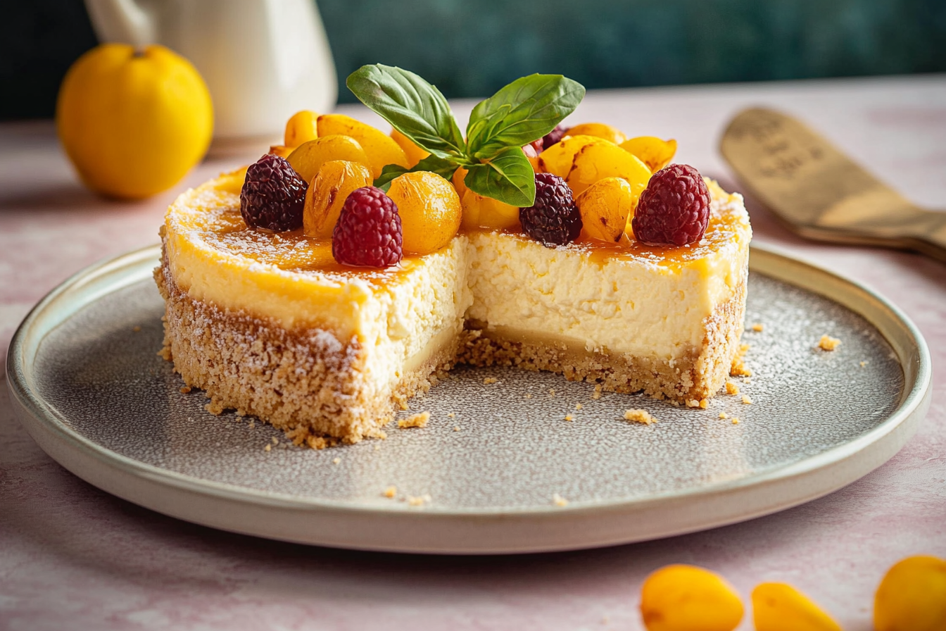 Cheesecake Ricotta, Pesche e Farina di Mandorle