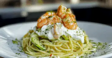 Spaghetti con Zucchine, Gamberi, Stracciatella e Scorza di Limone