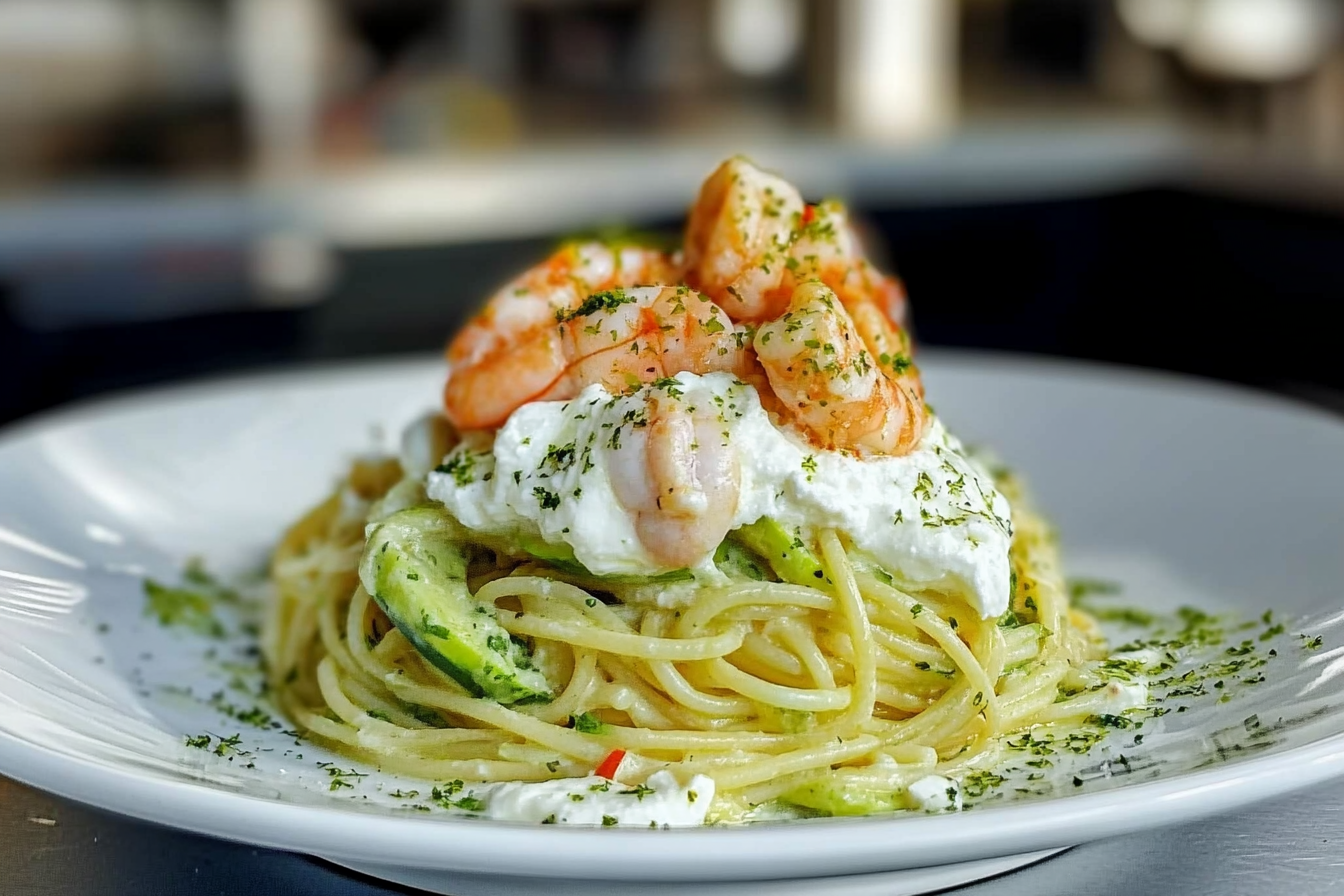 Spaghetti con Zucchine, Gamberi, Stracciatella e Scorza di Limone