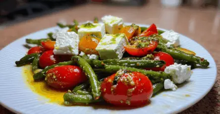Insalata di fagiolini e pomodorini con pesto e feta
