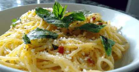 Spaghetti con olio aglio e peperoncino con tanto pecorino e basilico fresco