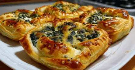 Quadratini di pasta sfoglia agli spinaci e formaggio