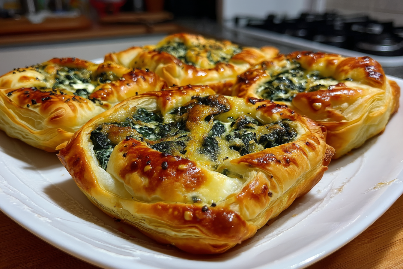 Quadratini di pasta sfoglia agli spinaci e formaggio
