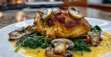 Pollo cremoso con funghi all aglio e spinaci
