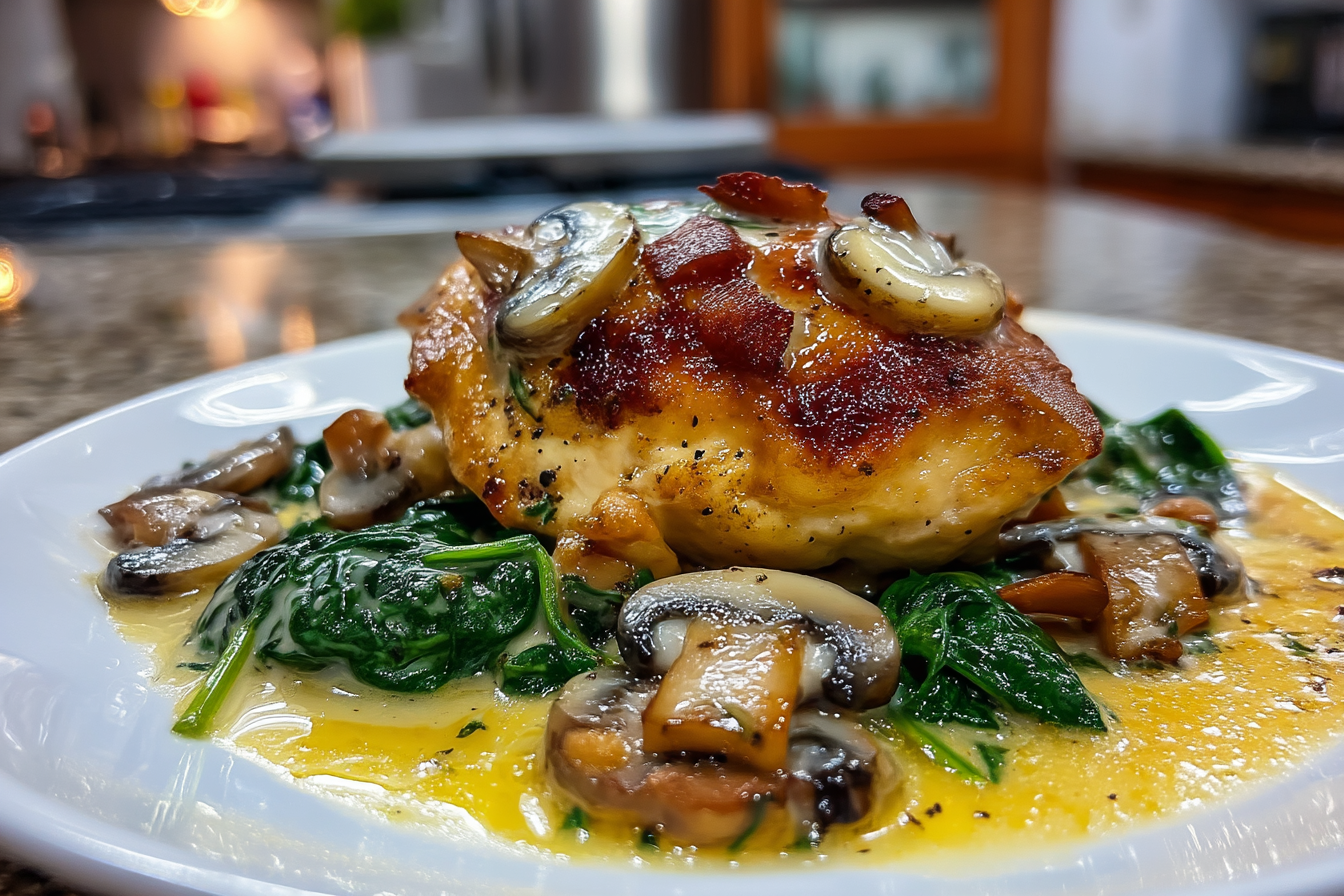 Pollo cremoso con funghi all aglio e spinaci