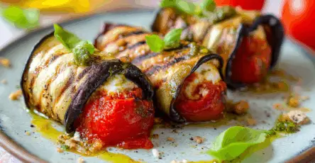 Involtini di melanzane grigliate con ricotta e pesto di pomodori secchi