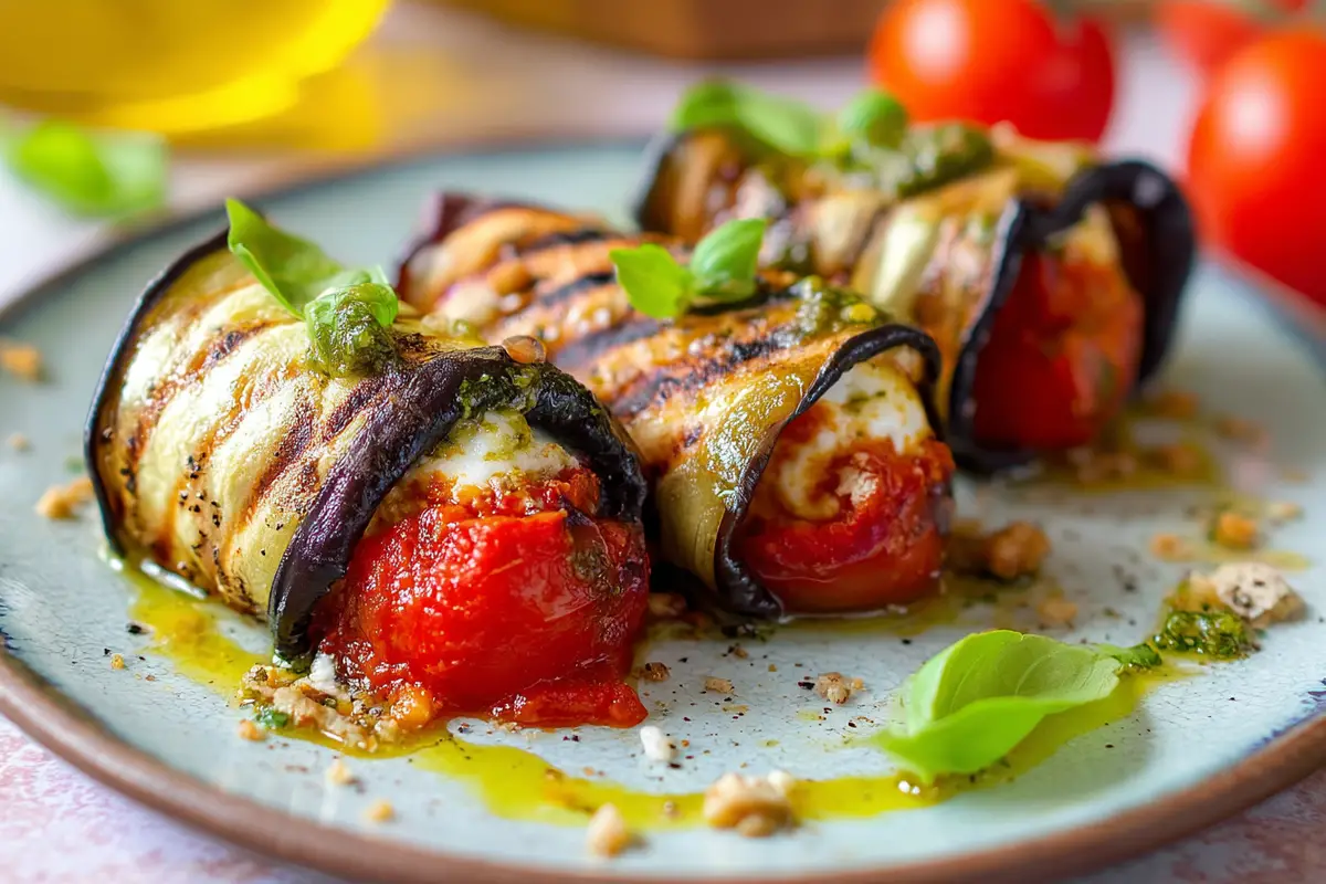 Involtini di melanzane grigliate con ricotta e pesto di pomodori secchi