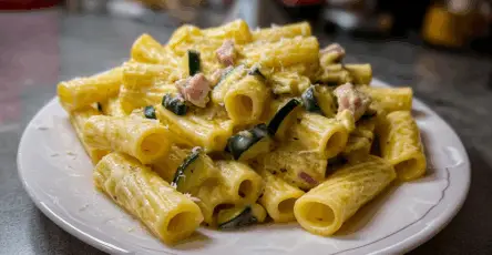 Tortiglioni con zucchine pancetta e crema di parmigiano