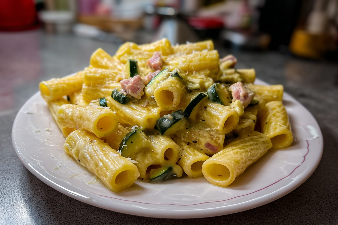 Tortiglioni con zucchine pancetta e crema di parmigiano