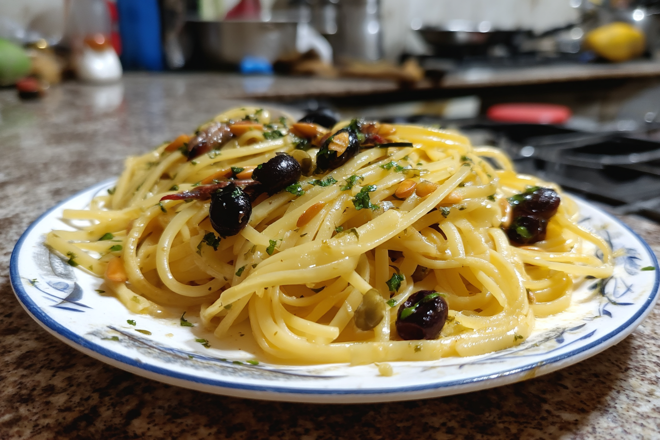 Linguine con Acciughe Capperi Olive Uvetta e Pinoli