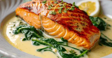 Salmone in padella con salsa cremosa al limone e spinaci