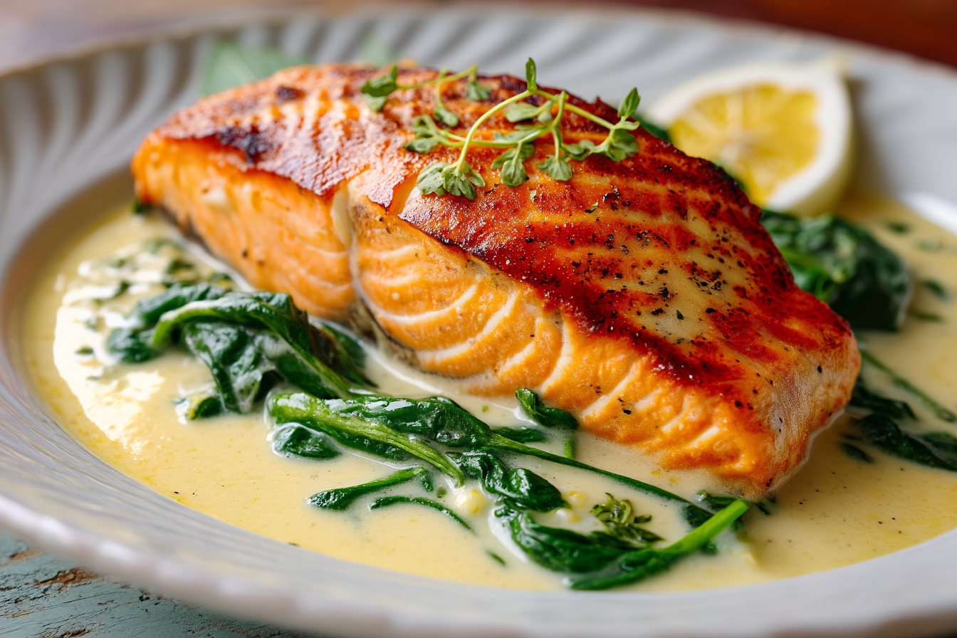 Salmone in padella con salsa cremosa al limone e spinaci