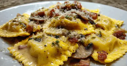 Ravioli ripieni di zucca con salsa di gorgonzola funghi e pancetta dolce