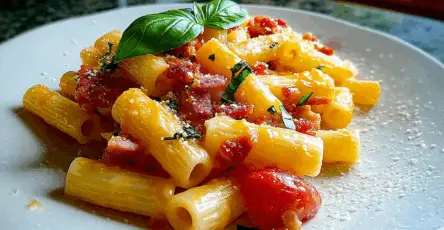 Pasta con pancetta pomodorini e basilico