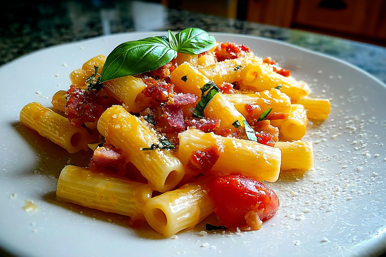 Pasta con pancetta pomodorini e basilico
