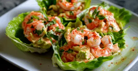 Coppette di lattuga con gamberi e avocado