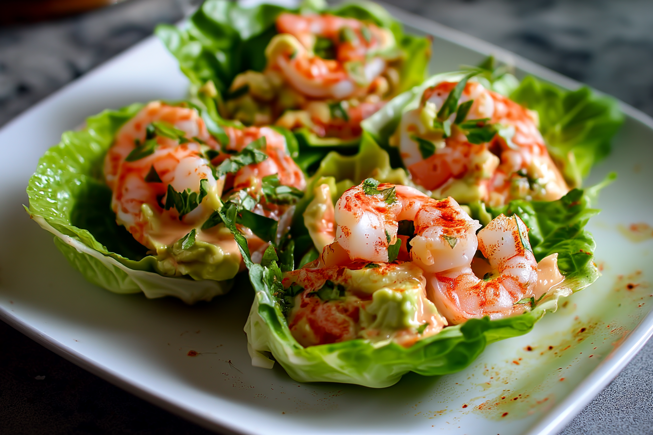 Coppette di lattuga con gamberi e avocado