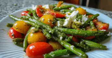 Insalata di fagiolini e pomodorini con pesto e feta