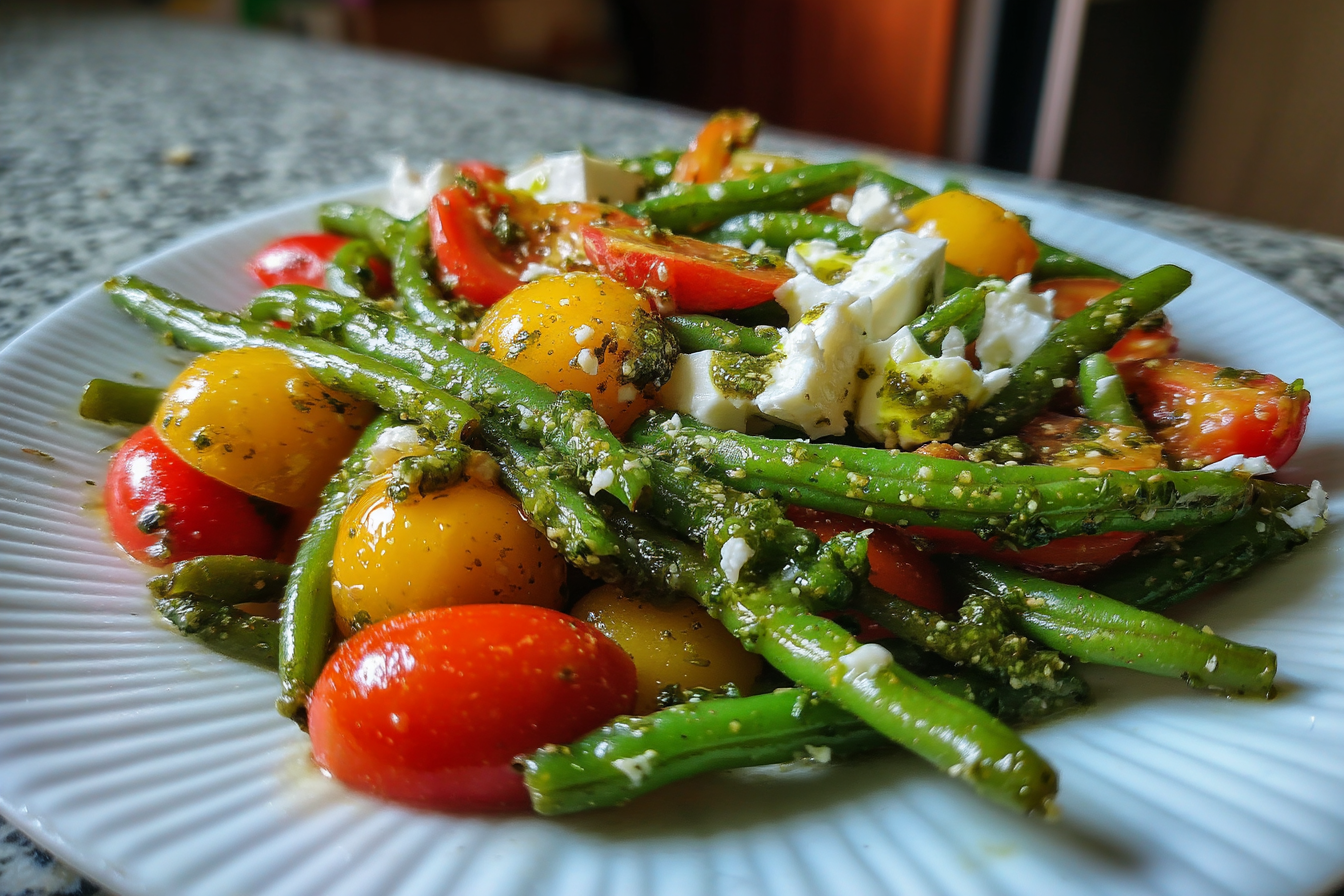 Insalata di fagiolini e pomodorini con pesto e feta