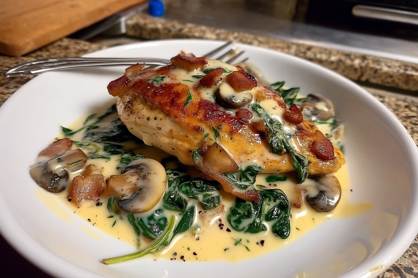 Pollo Cremoso con Funghi all’Aglio e Spinaci