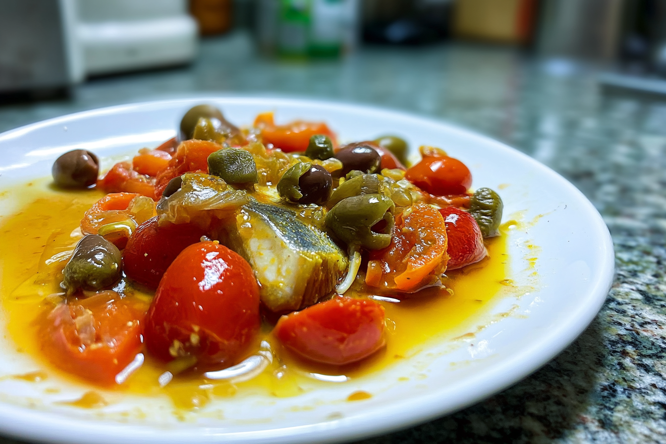 Nasello alla mediterranea con pomodorini olive e capperi