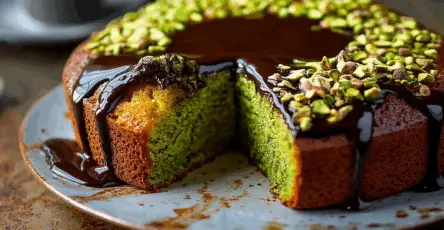 Torta al pistacchio senza farina con ganache al cioccolato