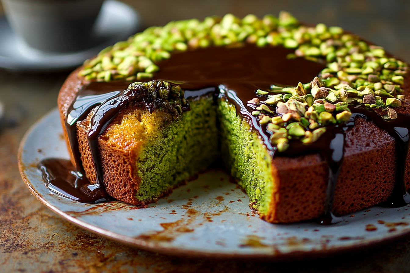 Torta al pistacchio senza farina con ganache al cioccolato